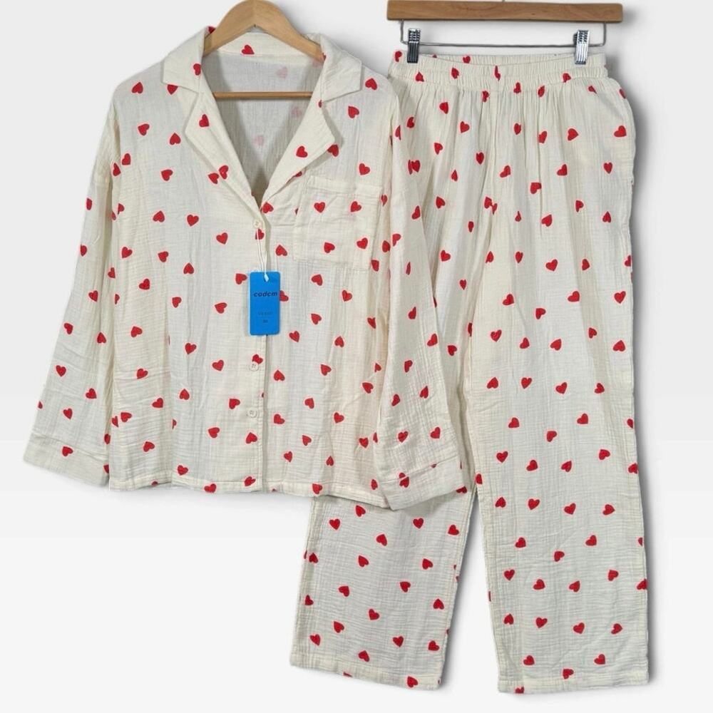 Cotton Gauze Pajama Set XS Red Heart Print Button Down and Pants NWT